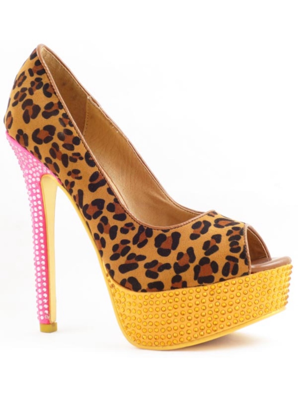 Pink Yellow crystal rhinestone leopard high heel stiletto platform pumps shoes